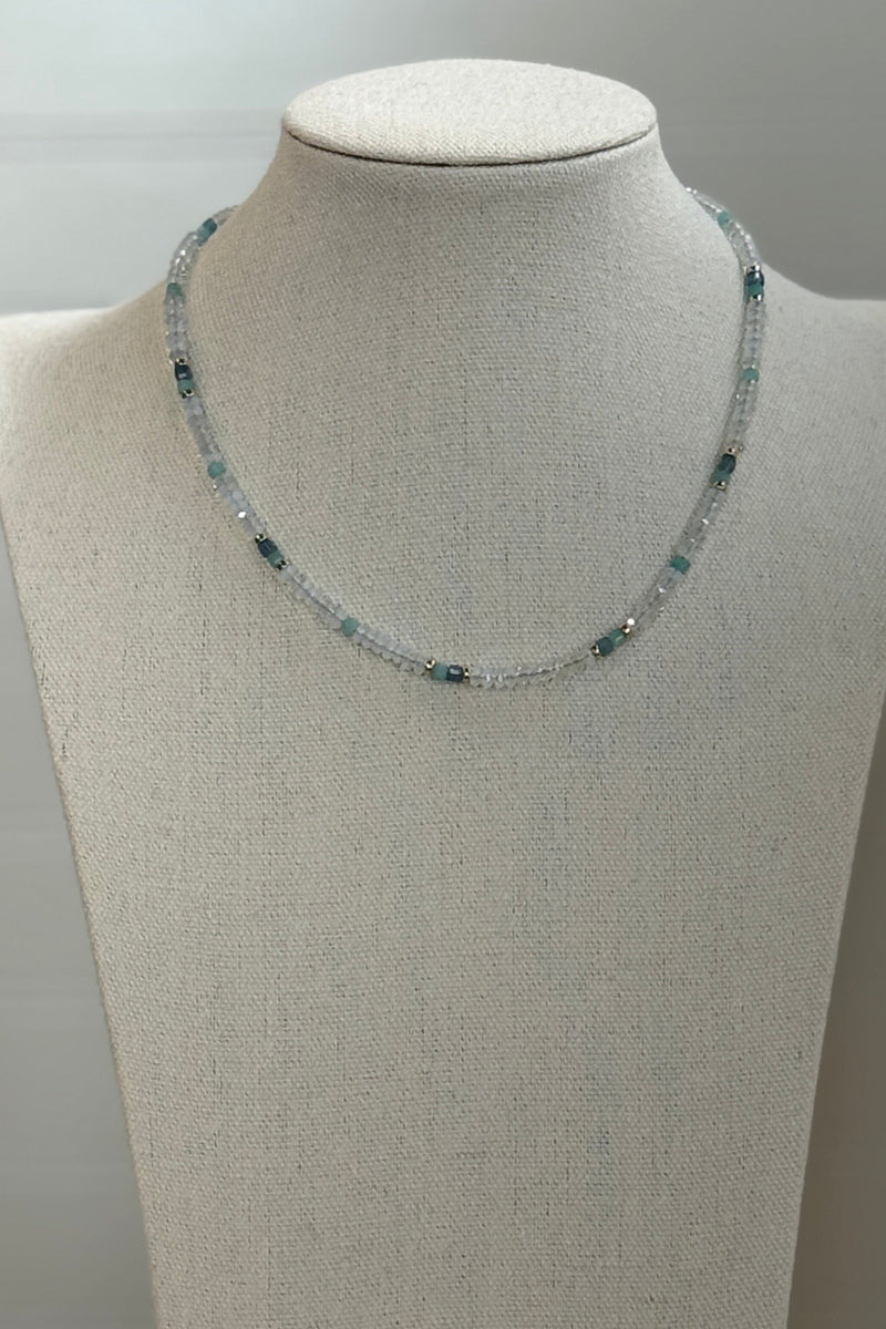 .Mini Beaded Opalite & Santa Maria Aquamarine Necklace