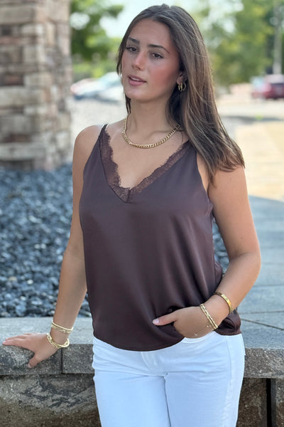 Sasha Lace Trim Cami, Espresso