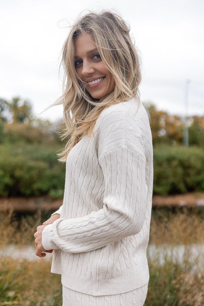 Celia Cable Knit Sweater, Almond