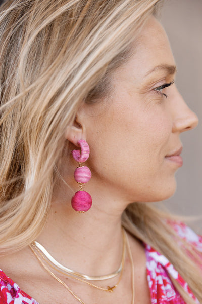 Triple Drop Sphere Chandelier Earrings, Pink