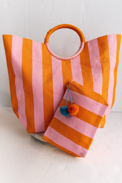 .Awning Stripe Tote, Orange