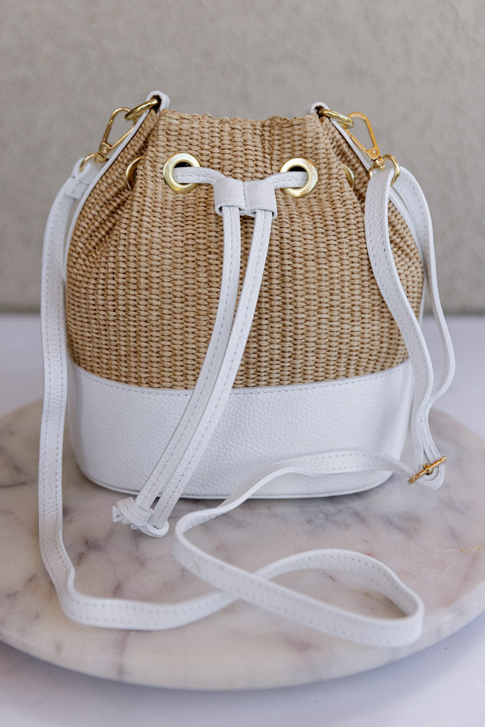 .Sienna Woven Bucket Bag, White