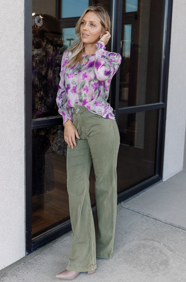 Floral Bell Bottoms, Rust One Shoulder Bell Sleeve Top