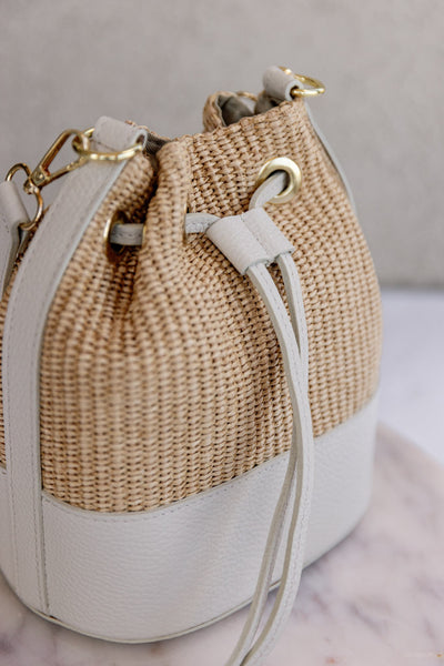 Sienna Woven Bucket Bag, Almond