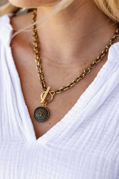 Designer Toggle Medallion Charm Necklace, Antique