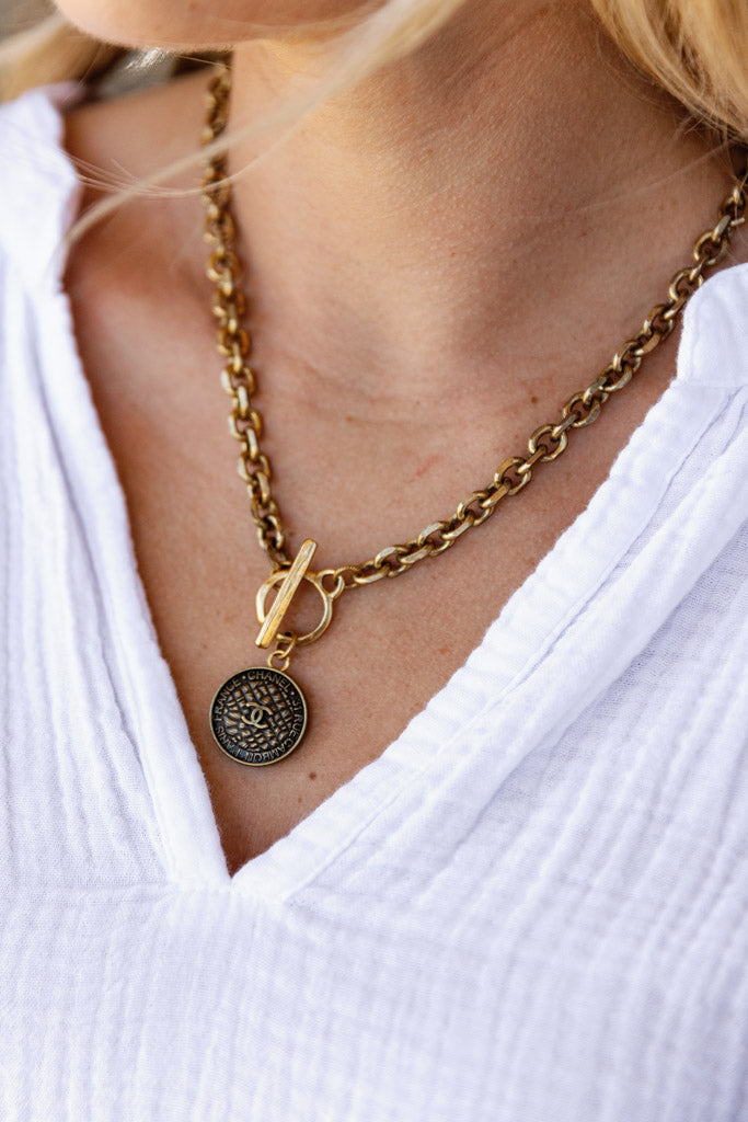 PRE-ORDER Designer Toggle Medallion Charm Necklace, Antique
