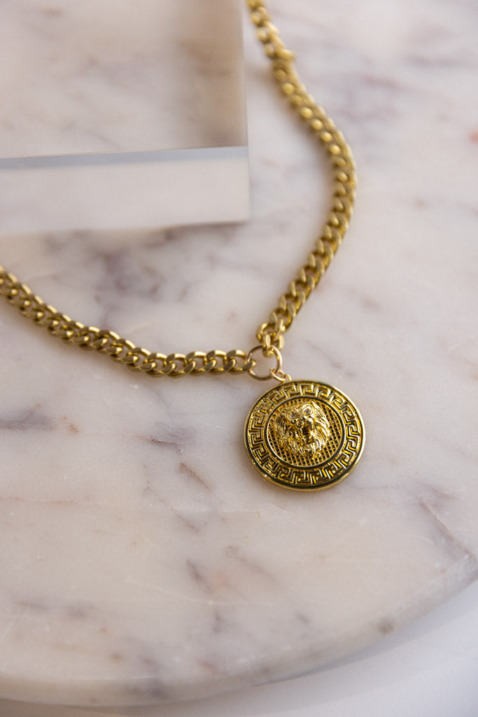 Embossed Lion Medallion Necklace