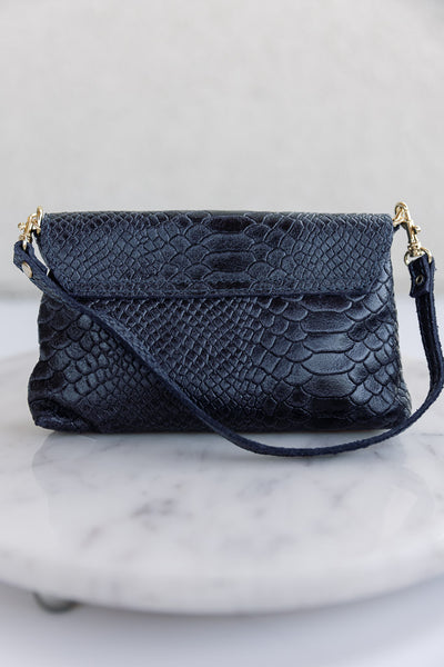 Camille Embossed Leather Crossbody/Clutch, Navy