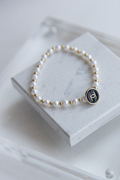 Designer CC Button & Pearl/Gold Bead Bracelet