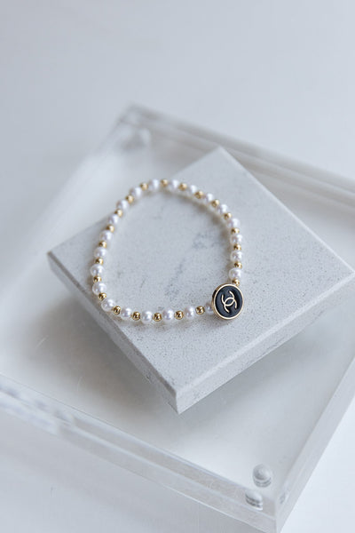 Designer CC Button & Pearl/Gold Bead Bracelet