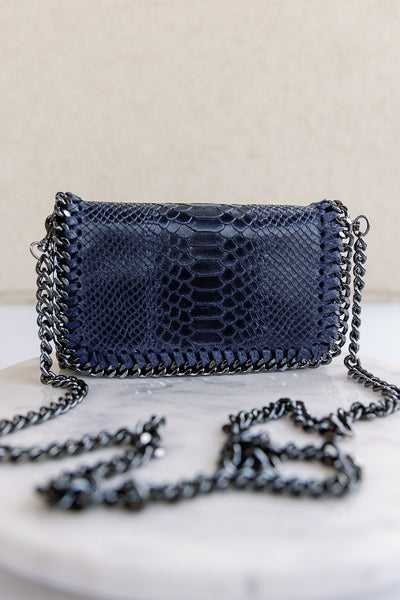 Reese Embossed Leather Chain Bag, Navy