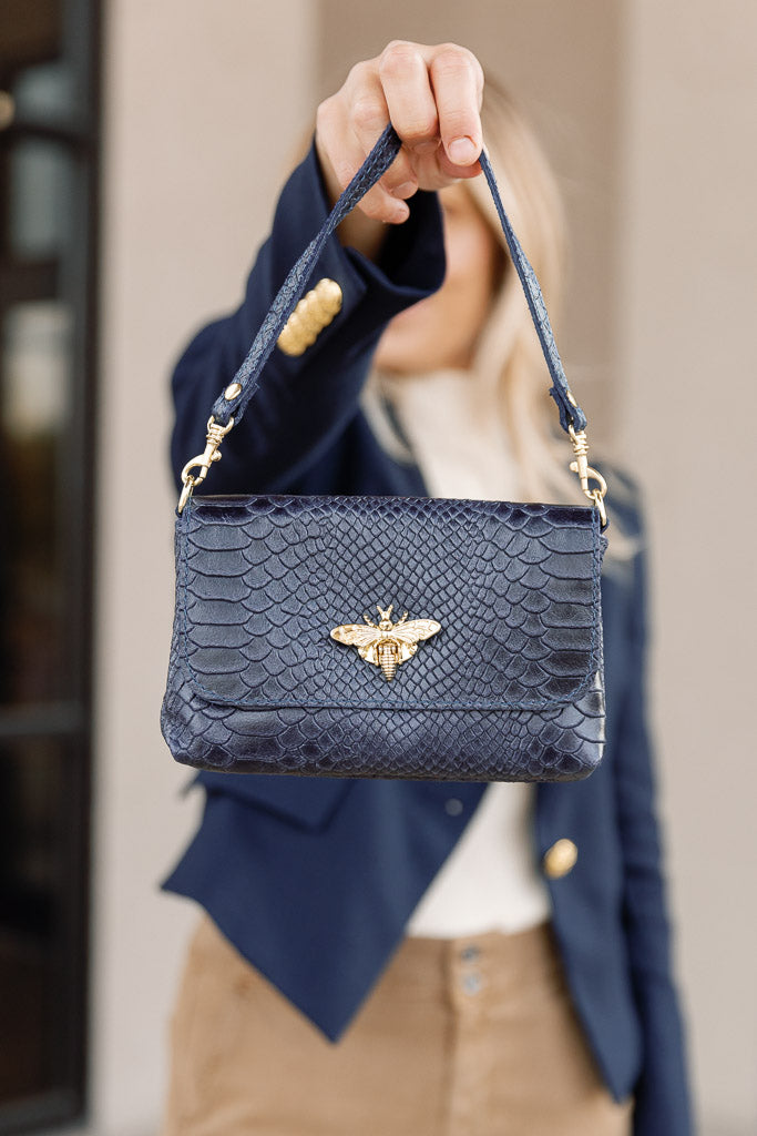 Camille Embossed Leather Crossbody/Clutch, Navy