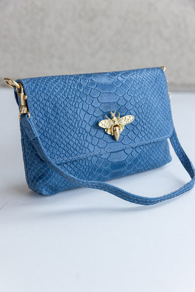 Camille Embossed Leather Crossbody/Clutch, Denim Blue