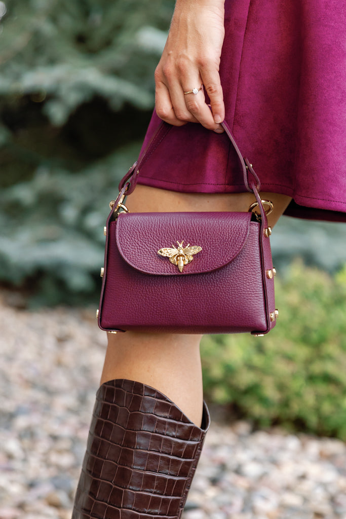 Nina Pebbled Leather Hand Bag, Burgundy