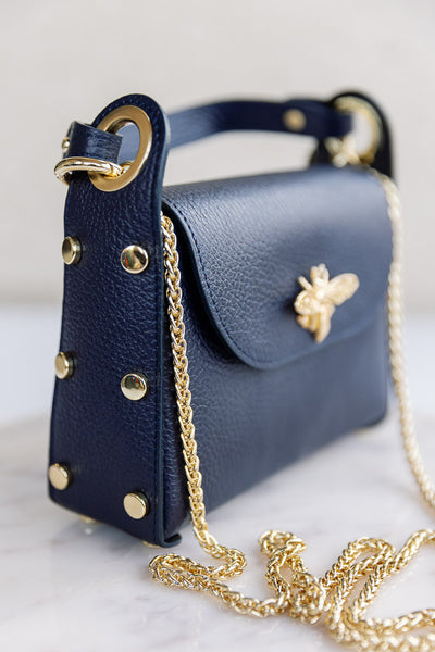 Nina Pebbled Leather Hand Bag, Navy
