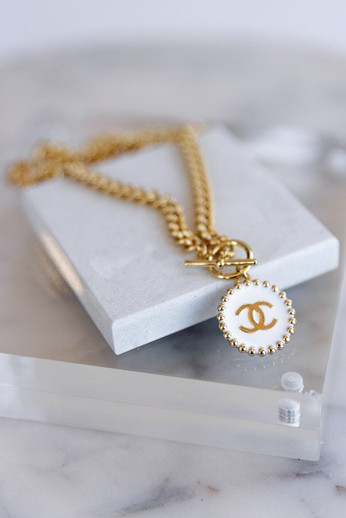Designer Toggle Medallion Charm Necklace, White