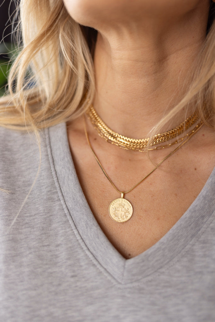 The Difference | Italian Coin Pendant and Necklace, Italy 1961 500 Lira Coin  Hand Cut, 14 Karat Gold and Rhodium Plated, 1 1/8″ in Diameter, ( #R 843 )
