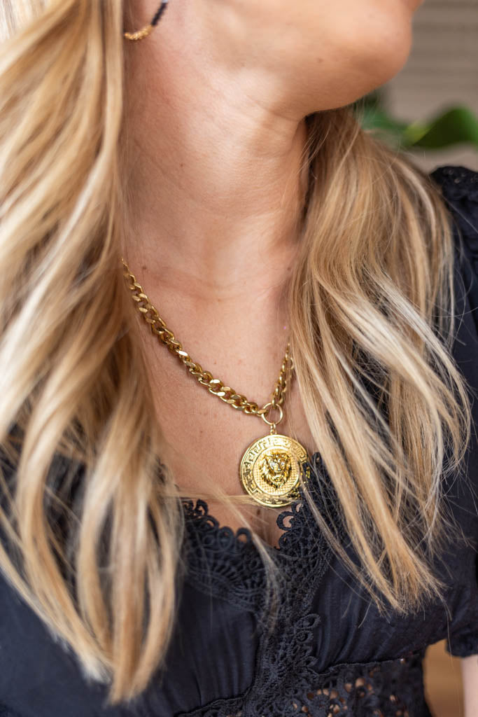 Embossed Lion Medallion Necklace