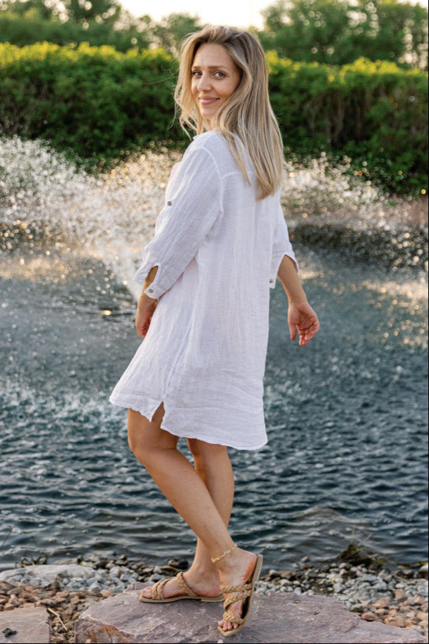 .Alicia Linen Shirt Dress / Cover-Up White / M .Alicia Linen Shirt Dress / Cover-Up White / M