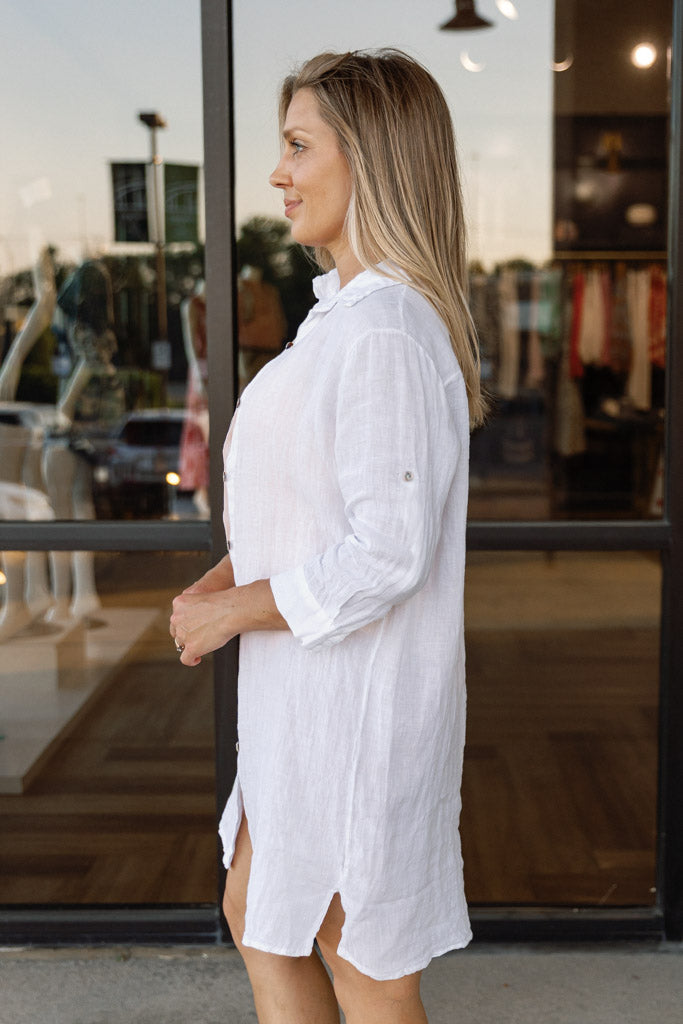 .Alicia Linen Shirt Dress / Cover-Up White / M .Alicia Linen Shirt Dress / Cover-Up White / M