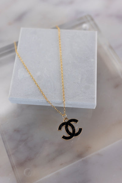 Designer Quilted CC Charm Necklace, Black 18"