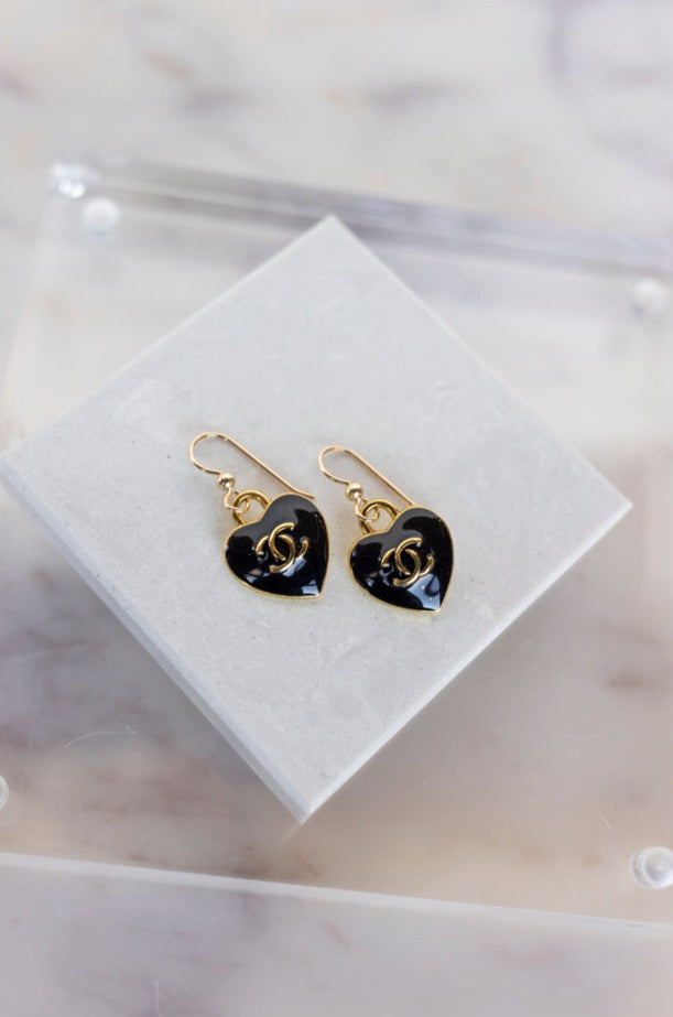 Designer CC Heart Earrings, Black