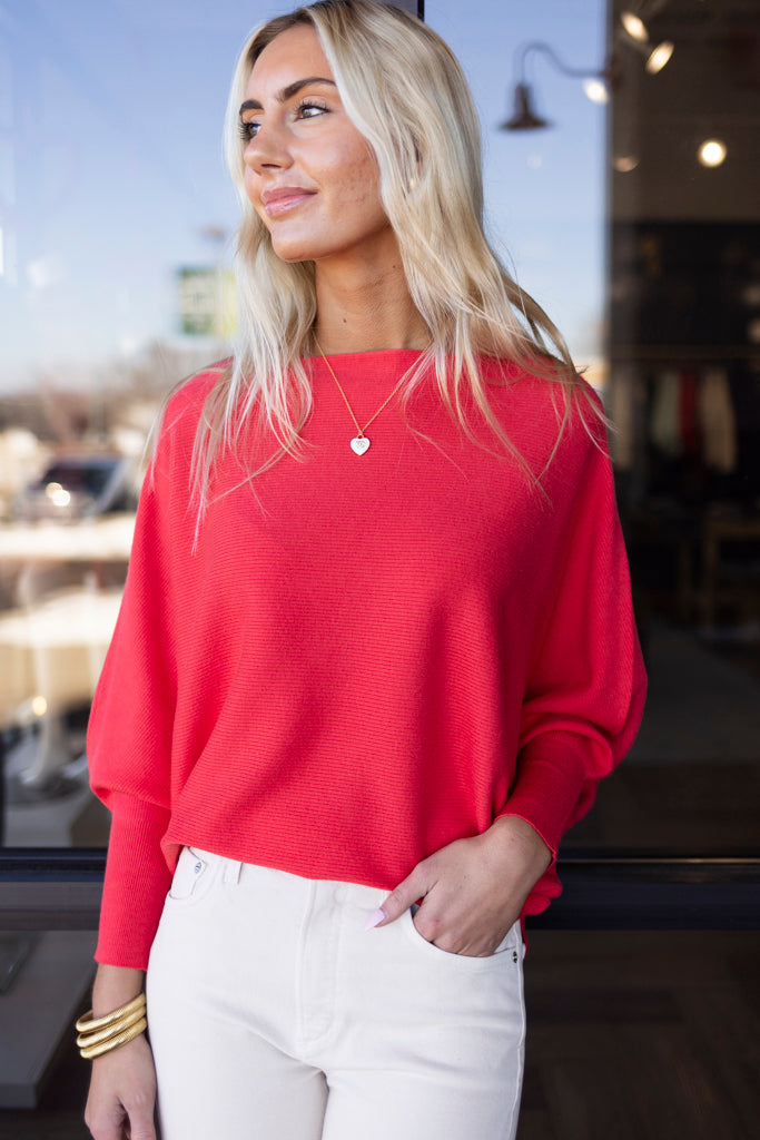 Pre-Order Kira Ribbed Dolman Sweater, Lucky Red
