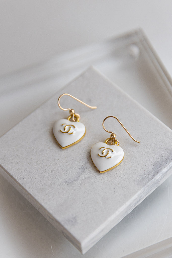 Designer Vintage Heart Charm Earrings, White