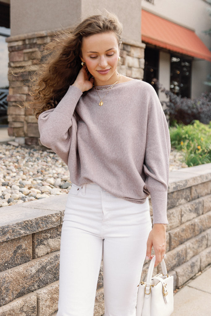 Pre-Order Kira Ribbed Dolman Sweater, Taupe - RUST & Co.