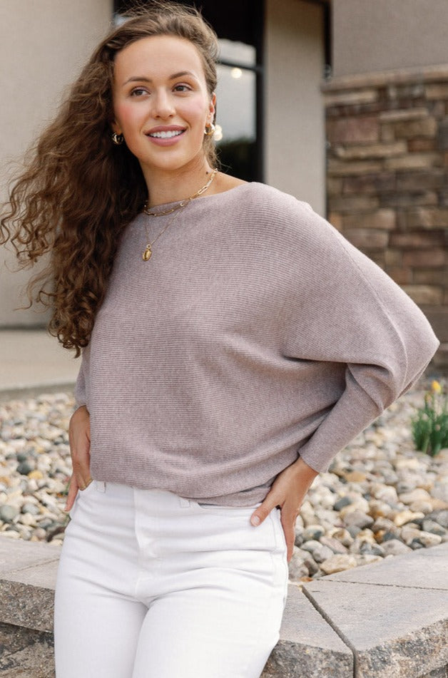 .Kira Ribbed Dolman Sweater, Taupe