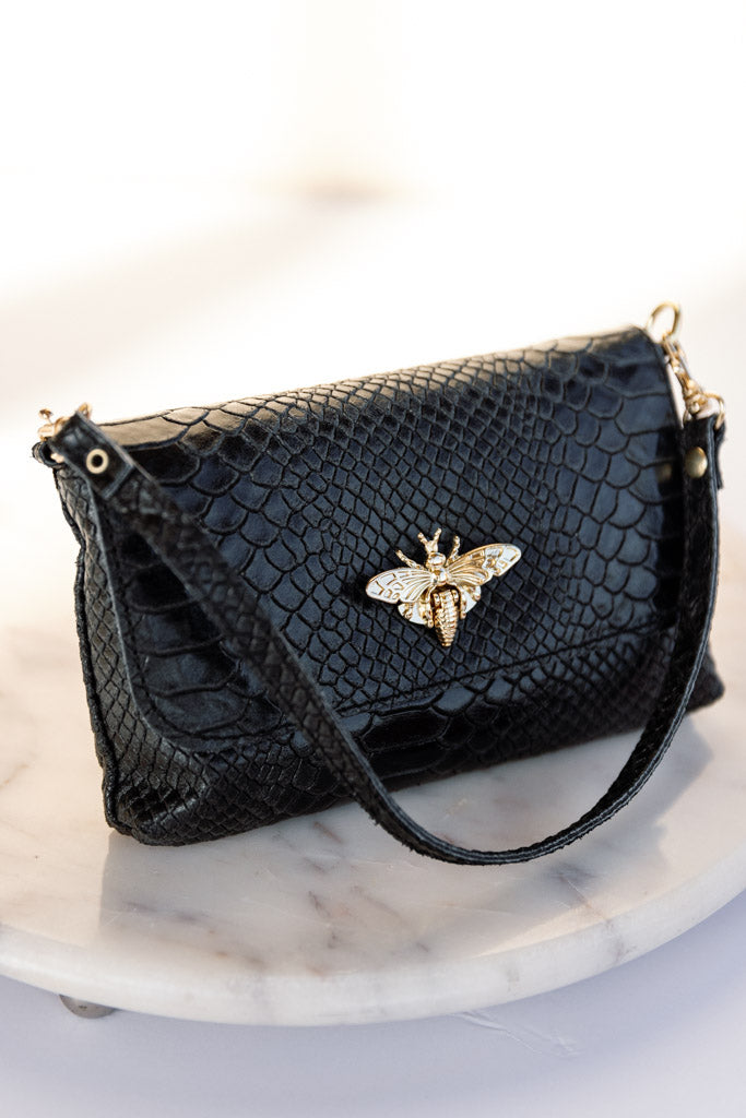 Camille Embossed Leather Crossbody/Clutch, Black