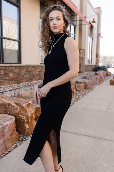 Ariana Ribbed Sweater Dress, Black