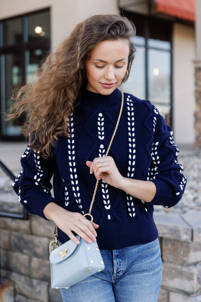 Nina Pebbled Leather Hand Bag, Dusty Blue