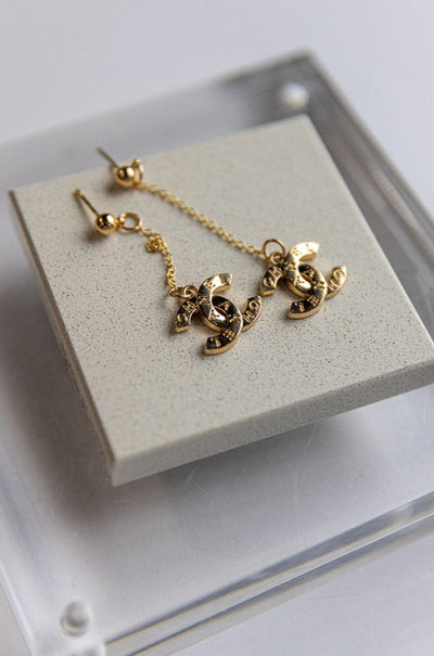 Designer Gold CC Stamp Drop Earrings