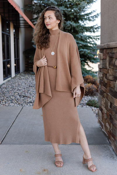 Ariana Ribbed Sweater Dress, Camel