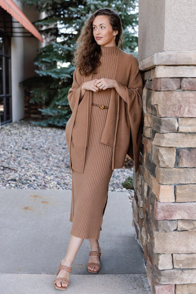 Ariana Ribbed Sweater Dress, Camel