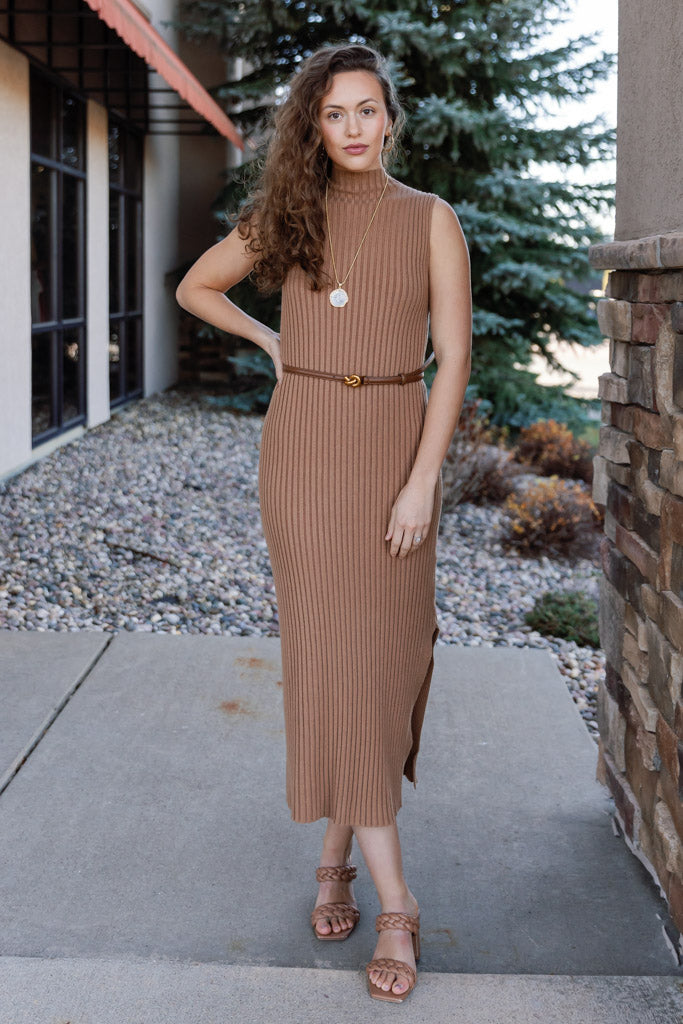 Ariana Ribbed Sweater Dress, Camel Camel / XS/S