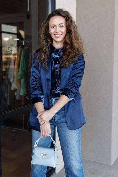 Nina Pebbled Leather Hand Bag, Dusty Blue