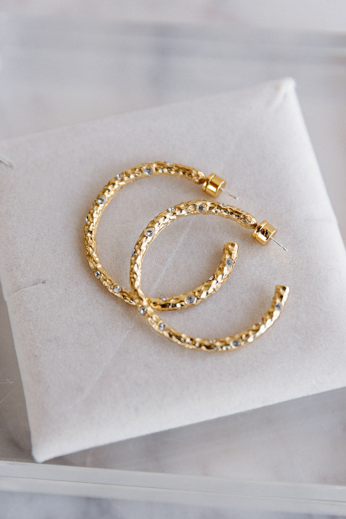 Hammered Gold & Crystal Hoops