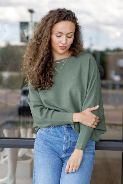 Kira Ribbed Dolman Sweater, Olive