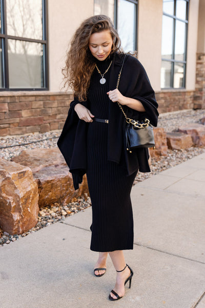 Ariana Ribbed Sweater Dress, Black