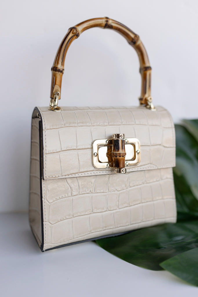 Selena Embossed Leather Hand Bag, Almond