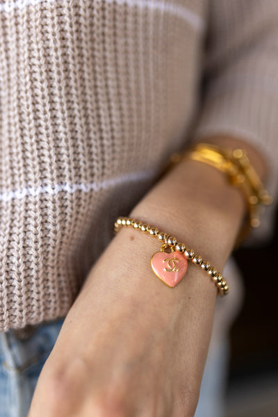Designer CC Heart Charm & Thick Gold Bead Bracelet, Pink
