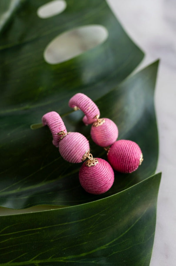 Triple Drop Sphere Chandelier Earrings, Pink