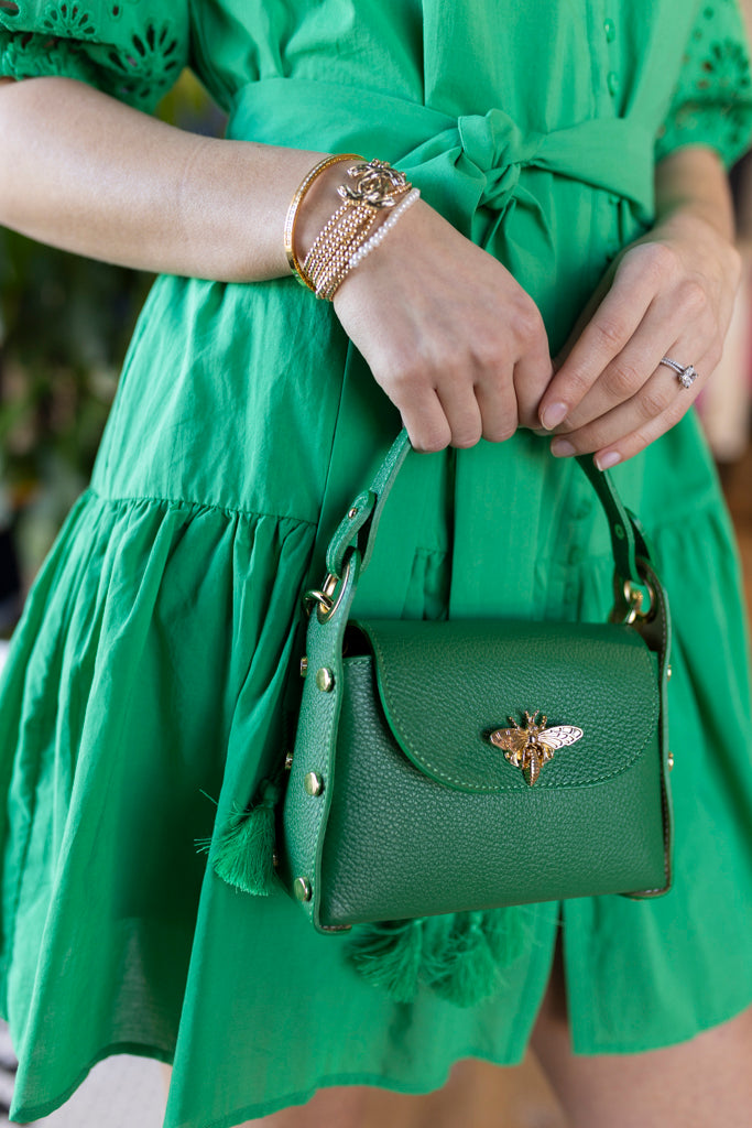 Nina Pebbled Leather Hand Bag, Green