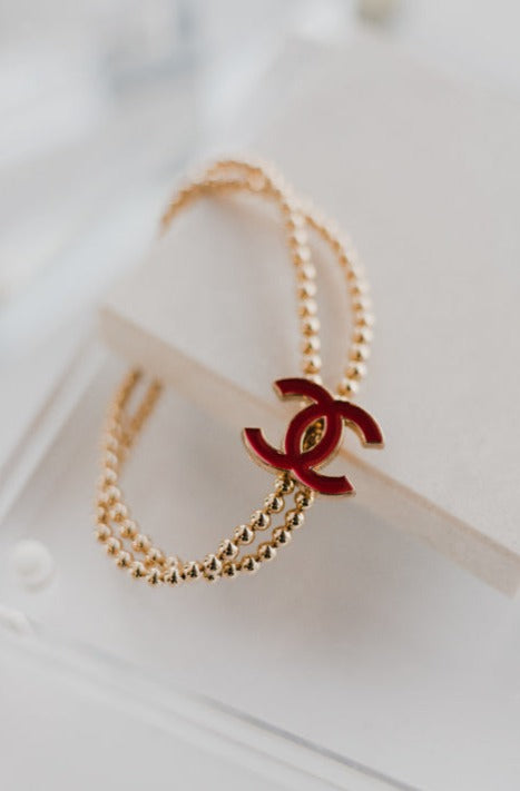Designer CC Enamel Button & Gold Bead Bracelet, Red