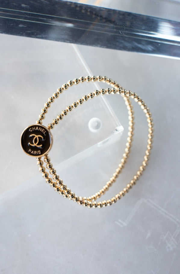 Designer CC Paris Button & Gold Bead Bracelet, Black