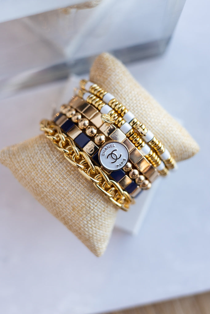CL Gold/Navy Tiny Tile Beaded Bracelet