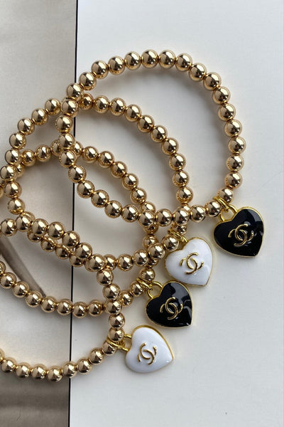 Designer CC Heart Charm & Thick Gold Bead Bracelet, Black