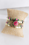 Designer Rope CC Button & Double Gold Bead Bracelet, Hot Pink